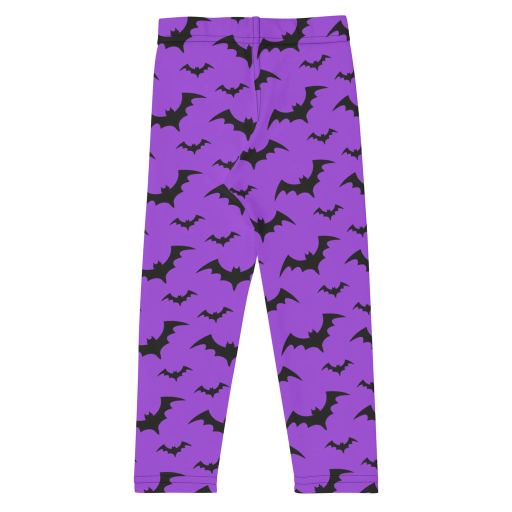 Kids purple buttery soft leggings with a repeating black bat pattern perfect for halloween wear