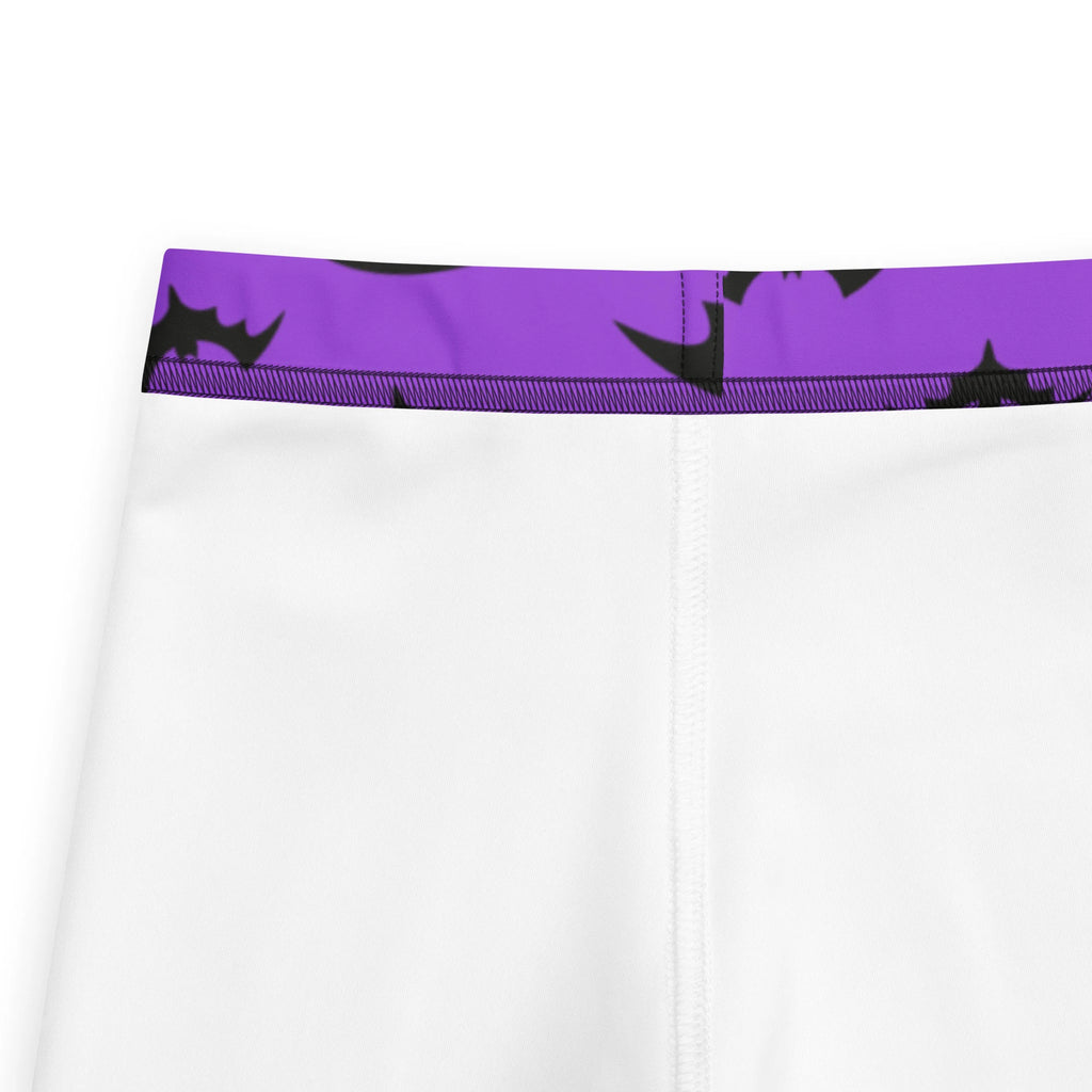 Kids purple bats halloween buttery soft white boxer briefs with vibrant purple waistband and black bat silhouettes