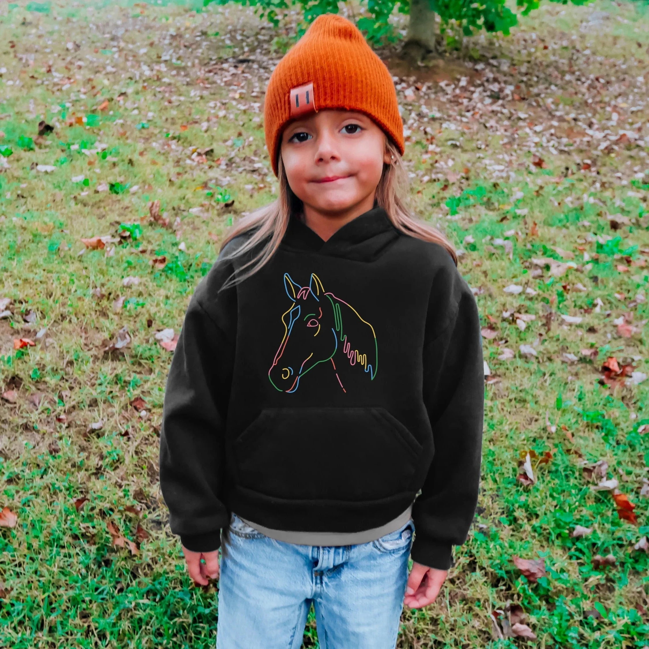 Kids black hoodie with a colorful neon outline of a horse’s head perfect for animal lovers and warmth