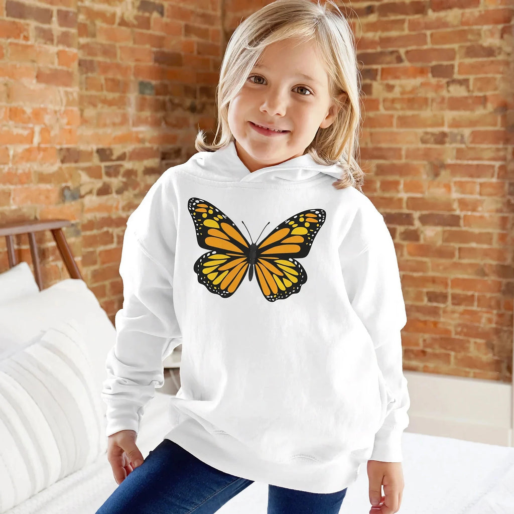 White kids hoodie featuring a vibrant orange and black monarch butterfly graphic on the front