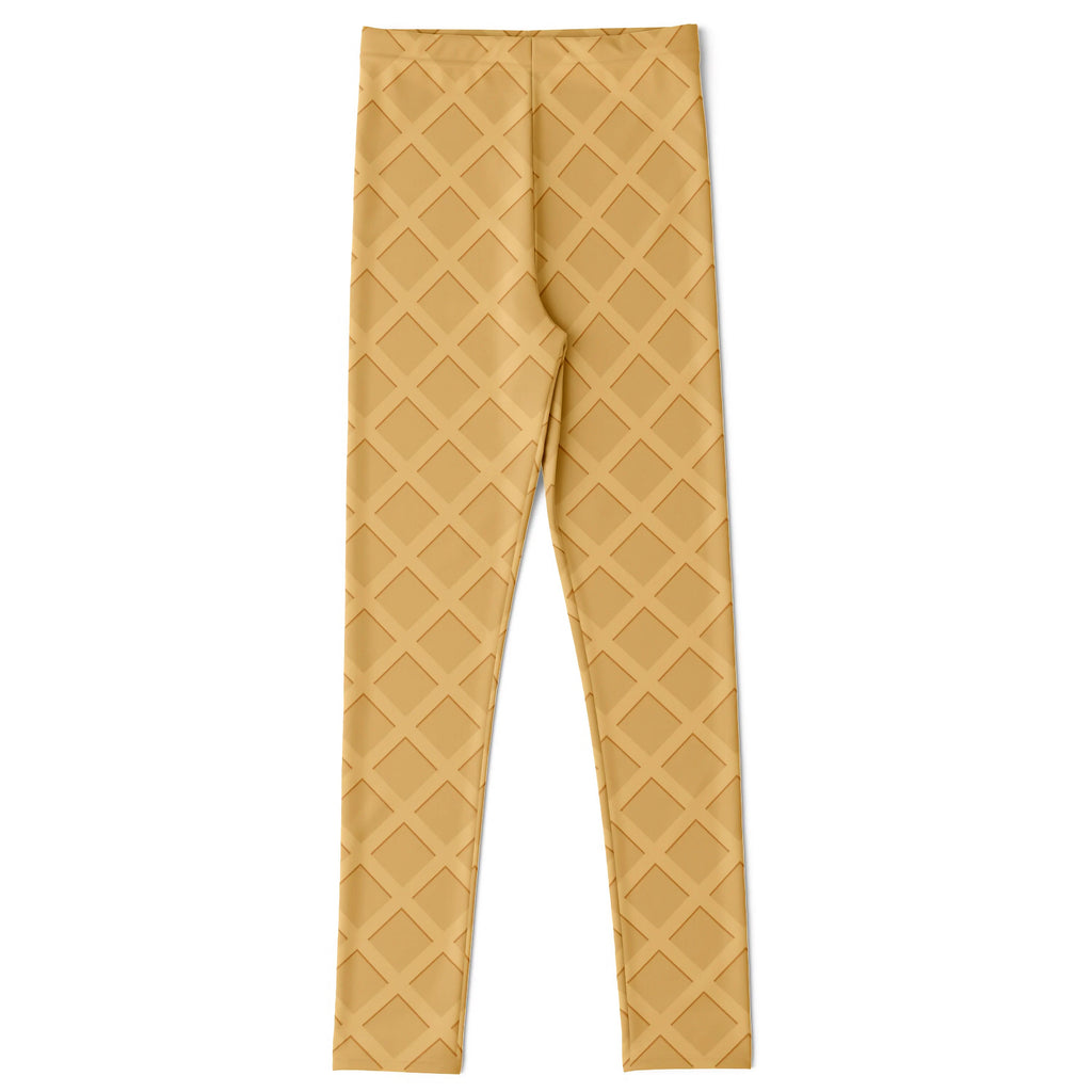 Golden-yellow kids leggings with textured diamond pattern resembling an ice cream cone from sweatshirt and leggings set