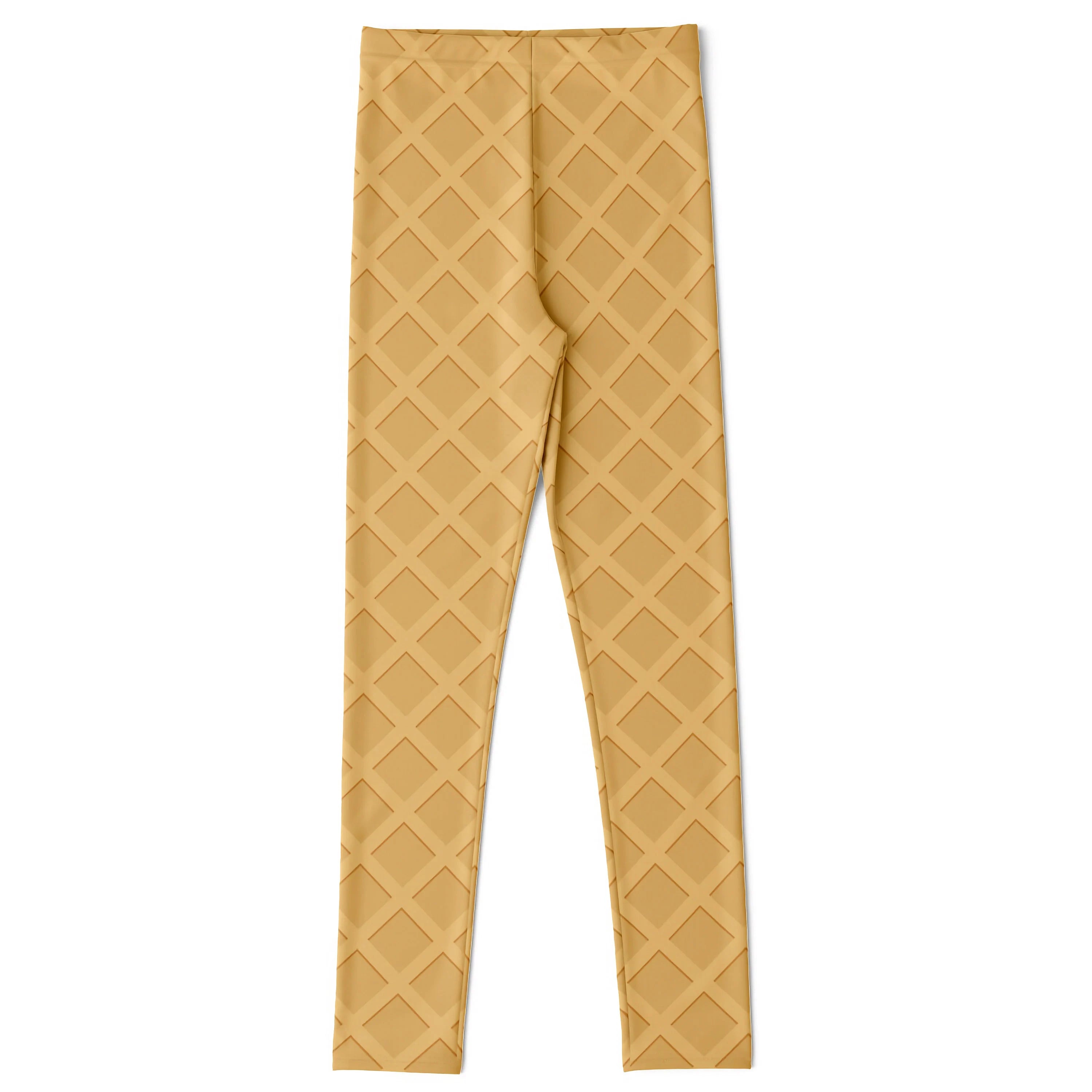 Golden-yellow kids leggings with textured diamond pattern resembling an ice cream cone from sweatshirt and leggings set
