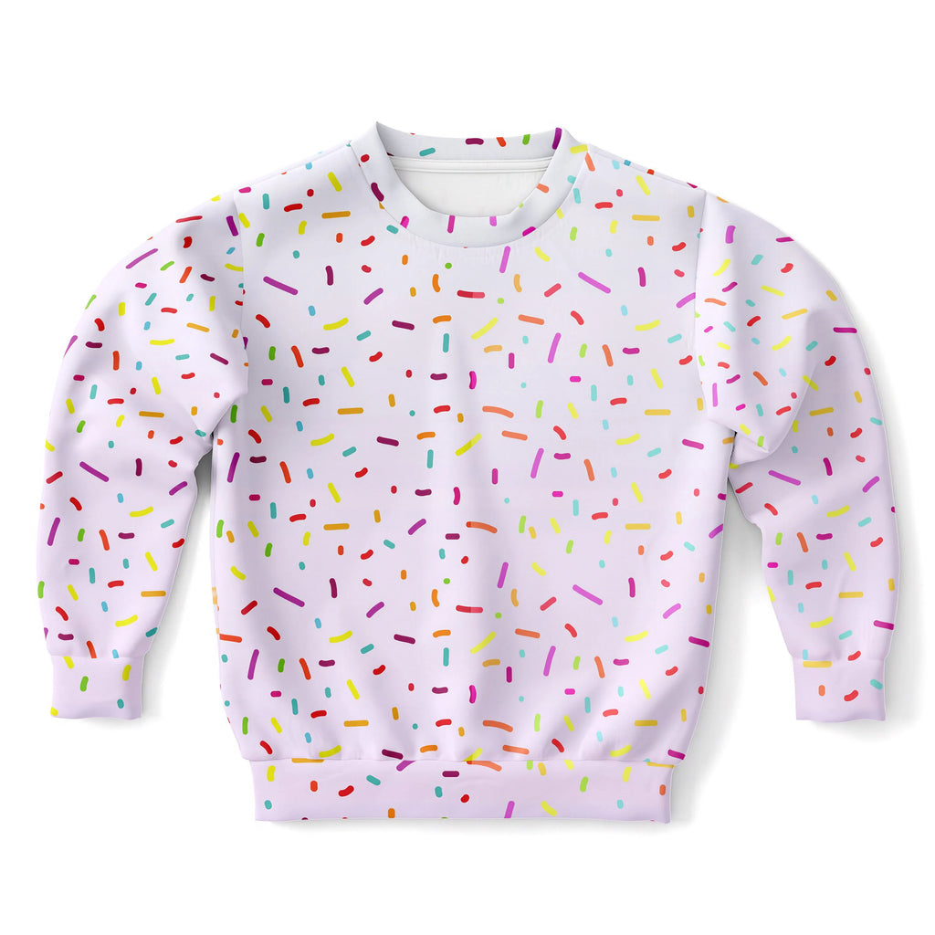 Kids ice cream cone sweatshirt and leggings set featuring a white long-sleeved sweatshirt with colorful sprinkle pattern