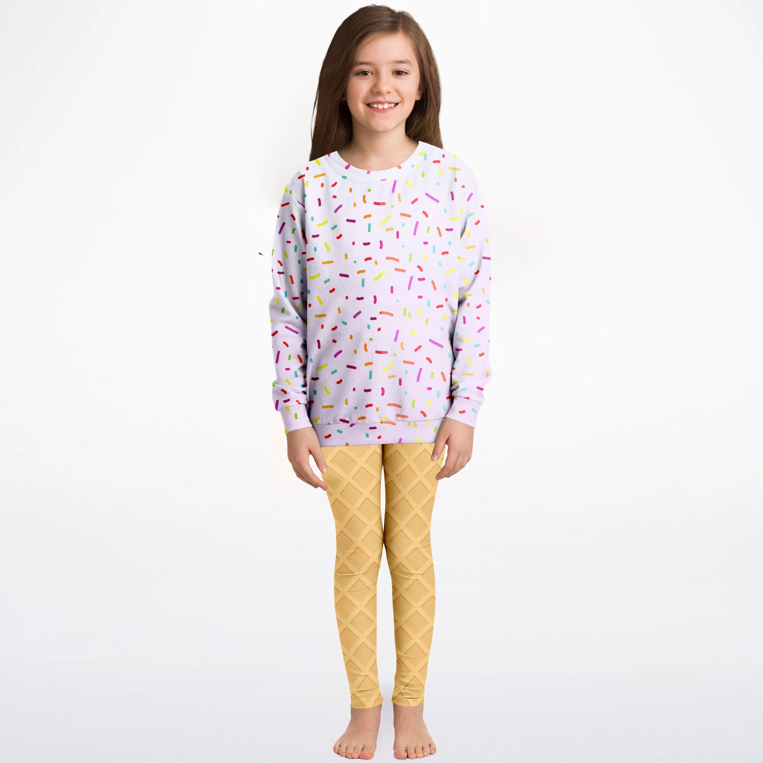 Pastel lavender kids ice cream cone sweatshirt with colorful sprinkle pattern soft cotton fabric for casual wear