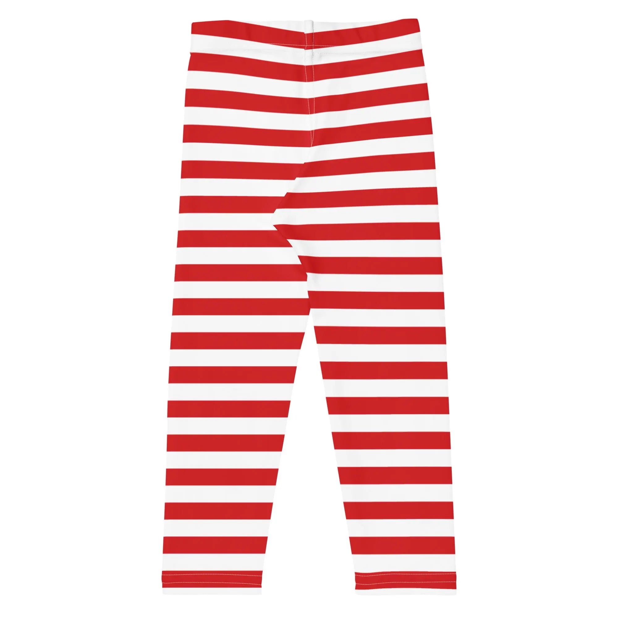Red and white horizontally striped buttery soft christmas leggings for kids shown from the front side