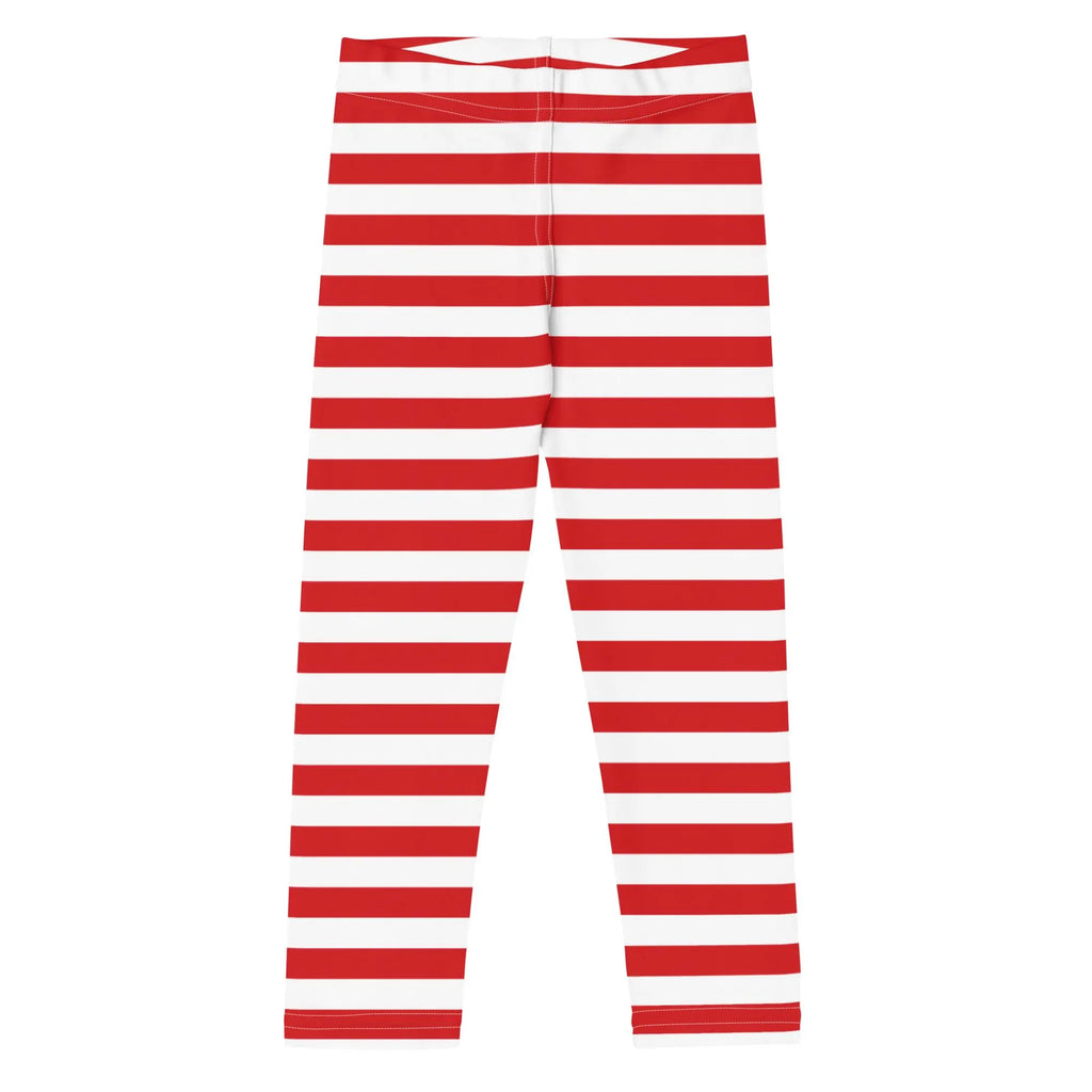Red and white horizontally striped buttery soft Christmas leggings for kids shown from the front view