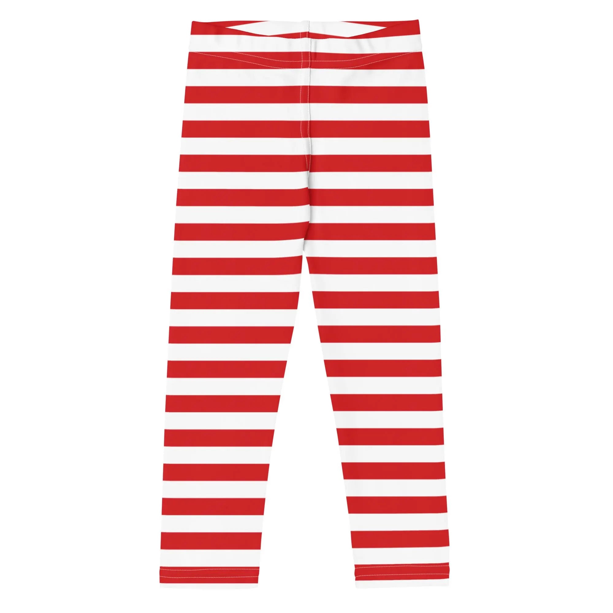 Red and white horizontally striped buttery soft Christmas leggings for kids shown from the front view