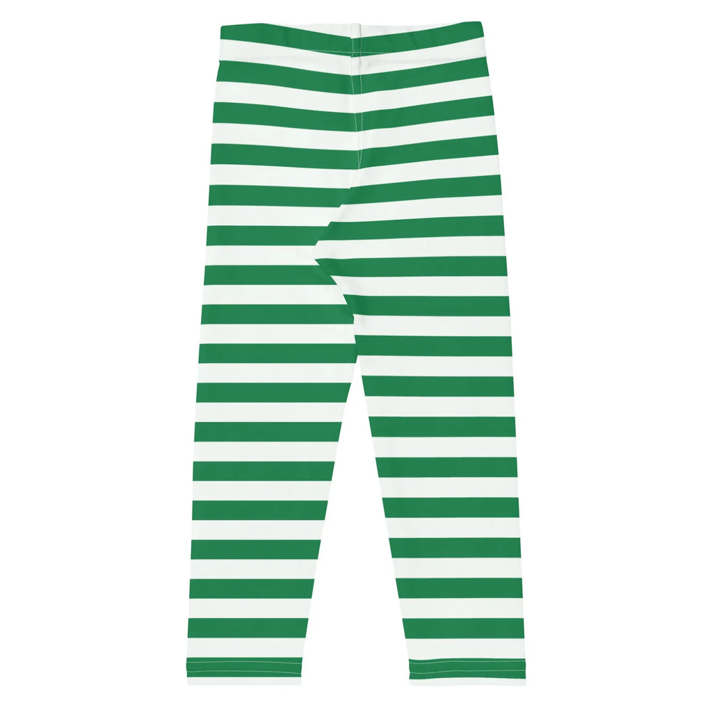 Green and white horizontally striped buttery soft kids leggings perfect for christmas wear