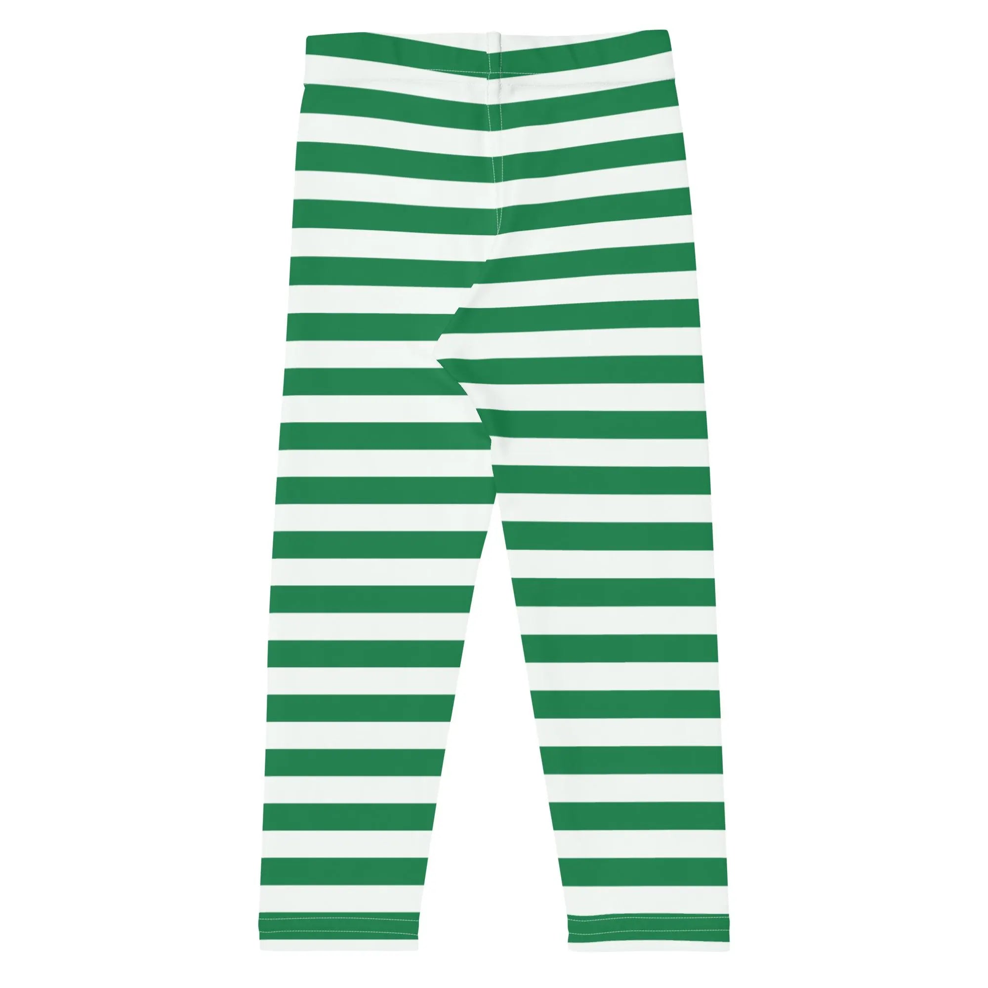 Green and white horizontally striped buttery soft kids leggings perfect for christmas wear