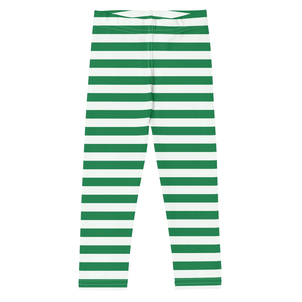 Green and white horizontally striped buttery soft Christmas leggings for kids shown from the back side