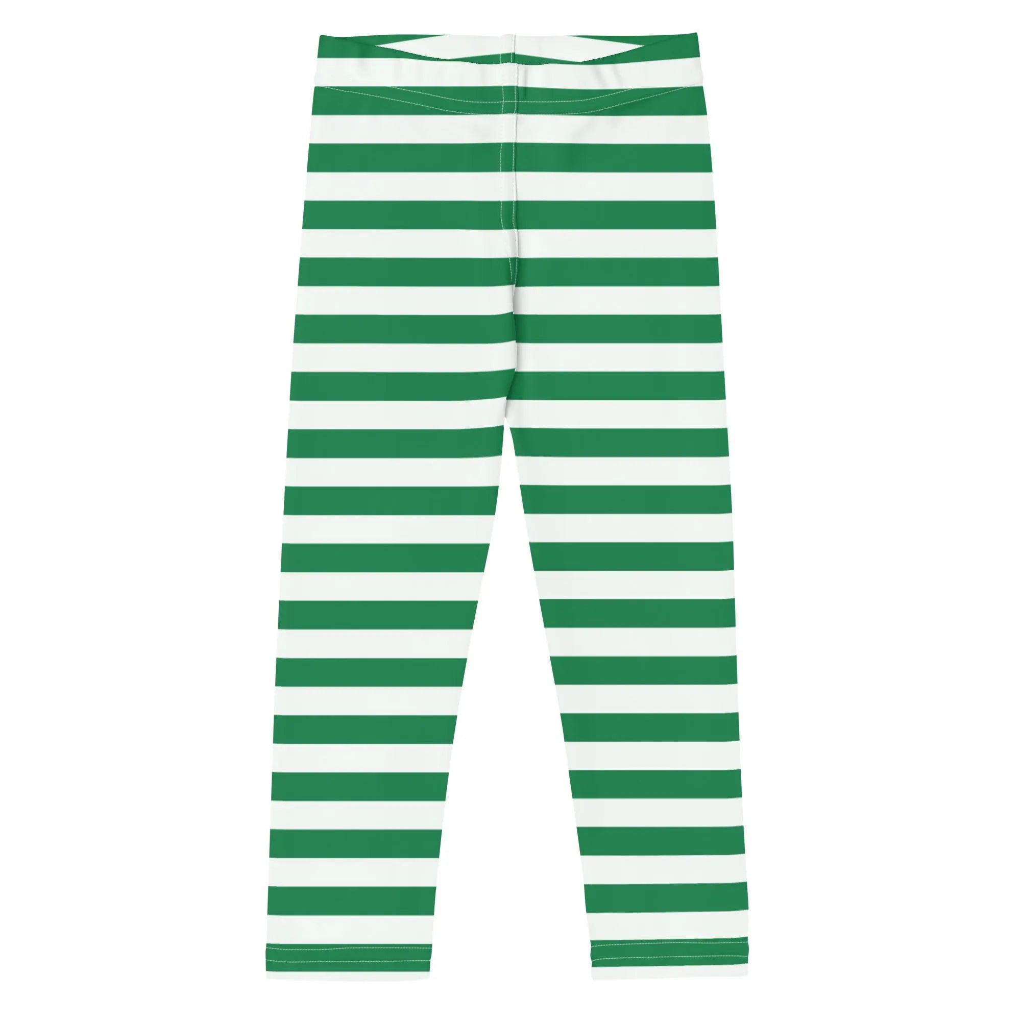 Green and white horizontally striped buttery soft Christmas leggings for kids shown from the back side