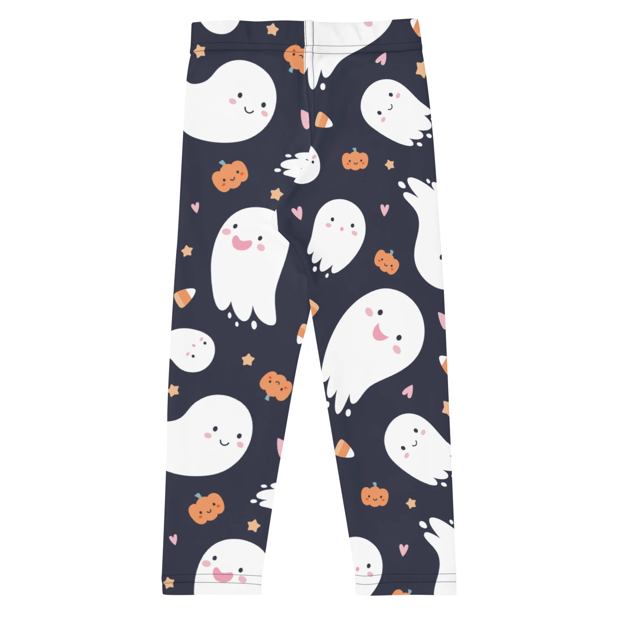 Dark navy buttery soft kids leggings with white cartoon ghosts orange pumpkins and pink hearts for halloween