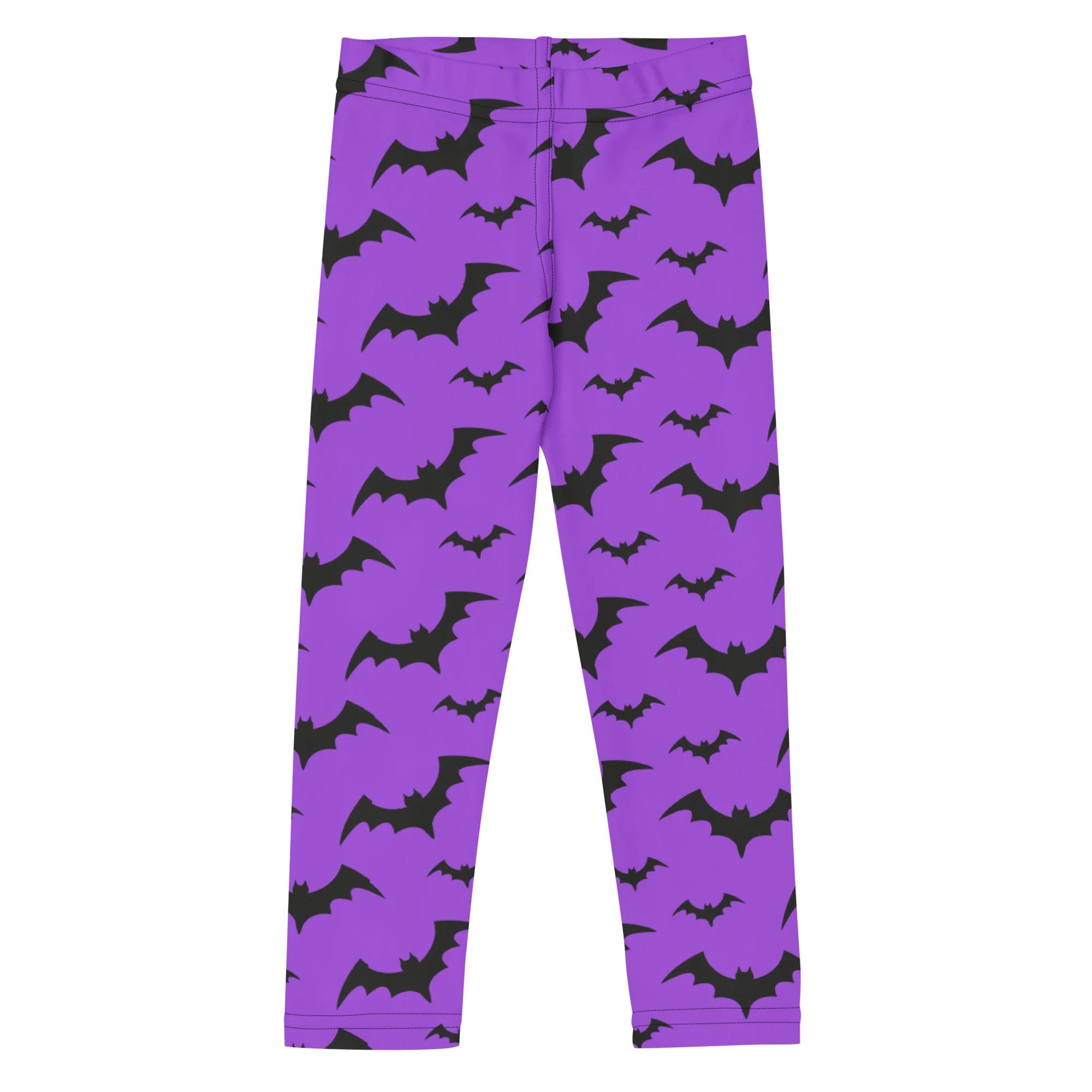 Kids purple bats halloween buttery soft leggings with repeating black bat silhouette pattern on purple fabric