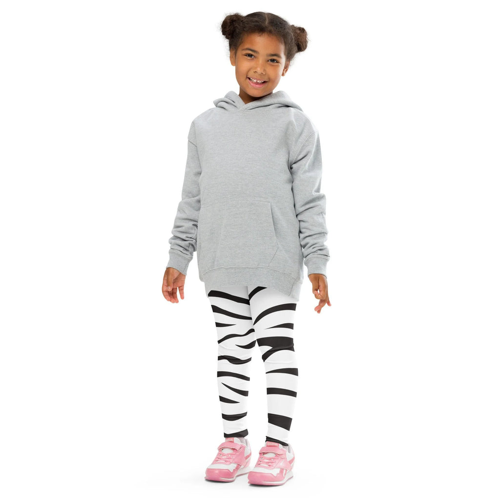 Gray hooded sweatshirt with front pocket and long sleeves paired with kids striped zebra buttery soft leggings