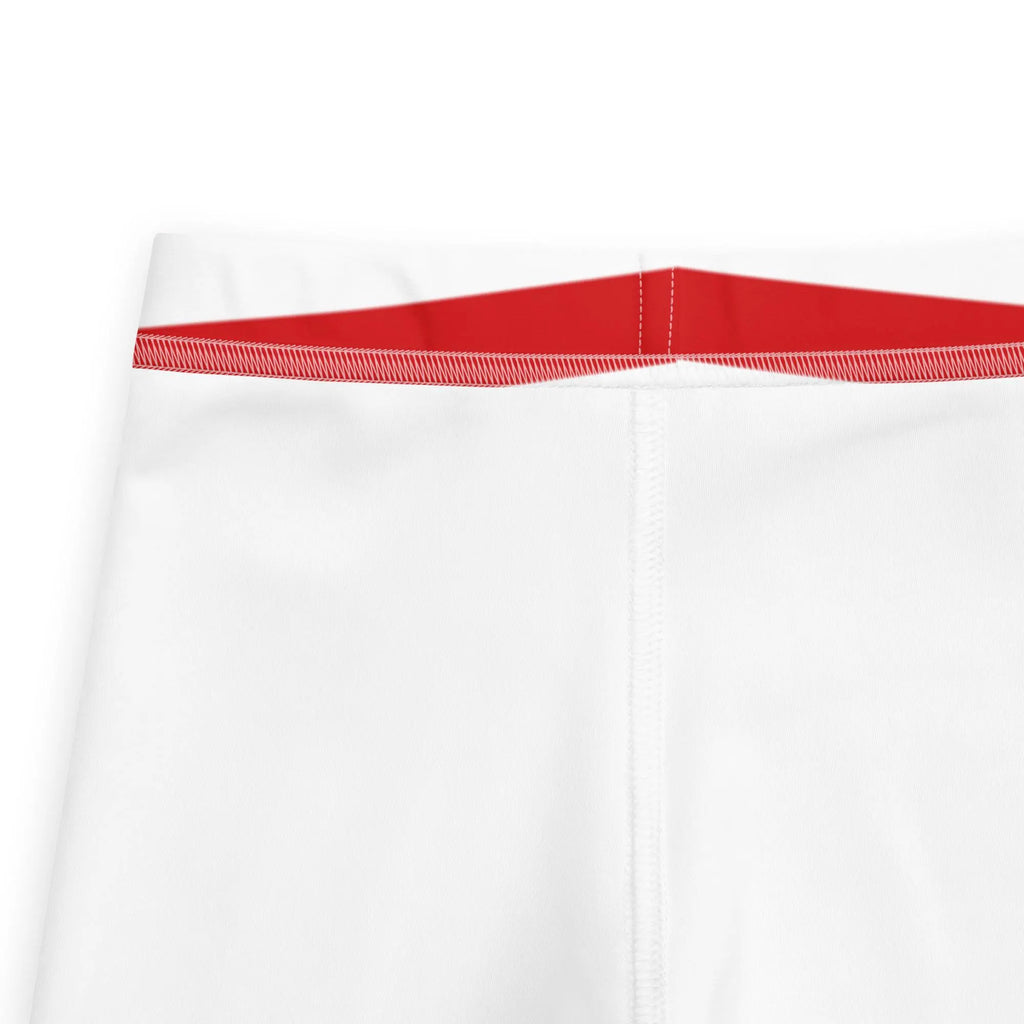 White athletic shorts with vibrant red elastic waistband and fine white stitching for kids Christmas leggings set