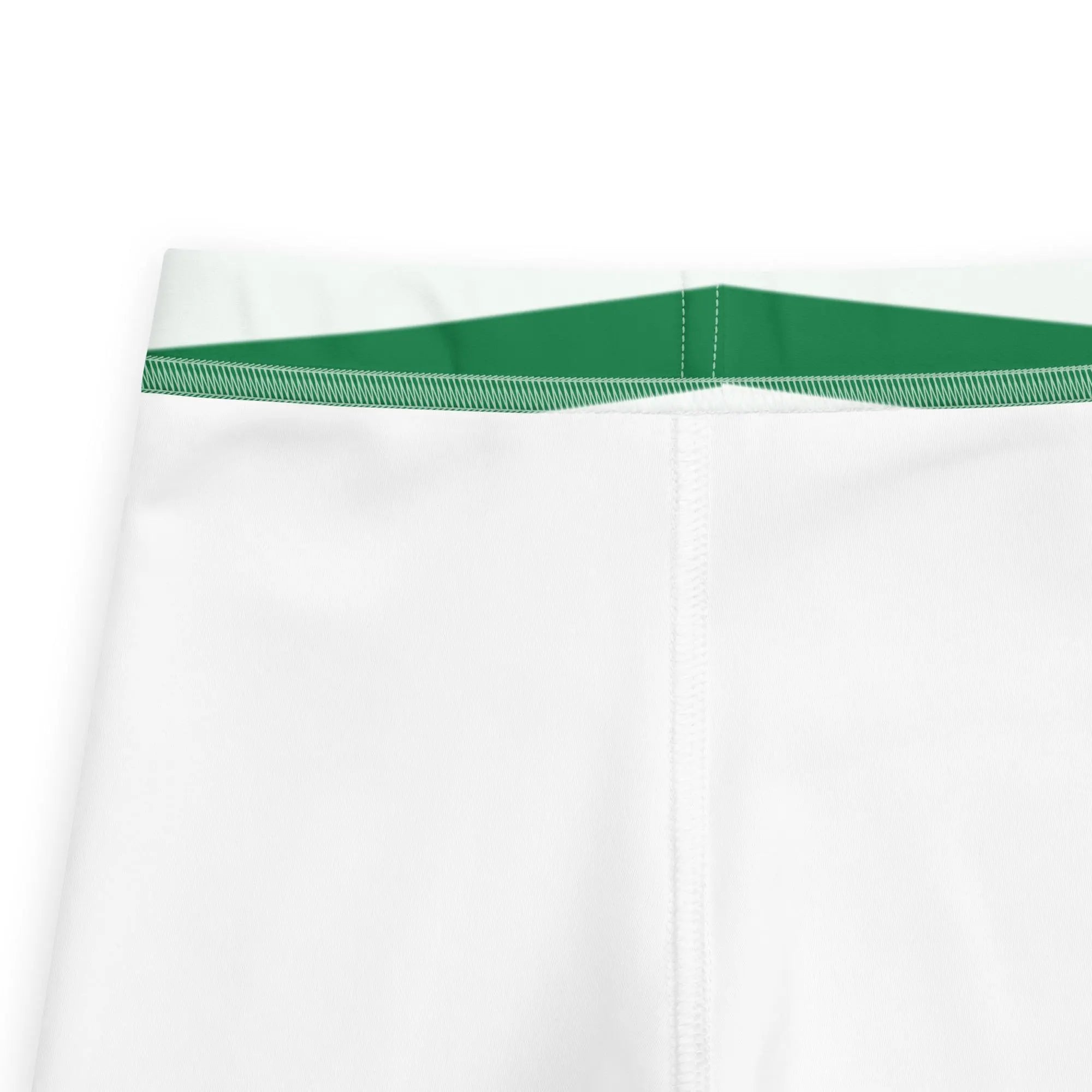 White fabric green stitched waistband on buttery soft Christmas leggings for kids with green stripes