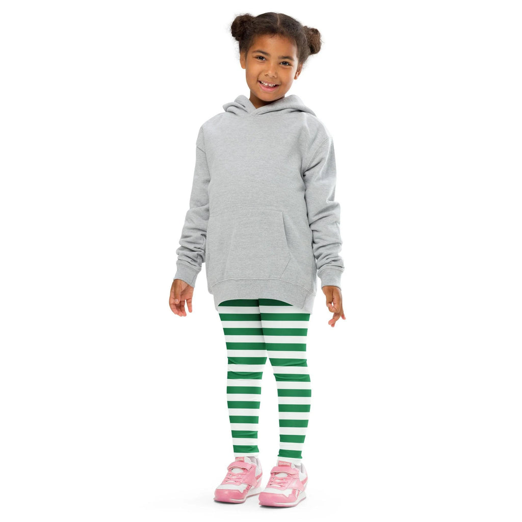 Gray hooded sweatshirt with front pocket and long sleeves paired with green striped buttery soft kids leggings