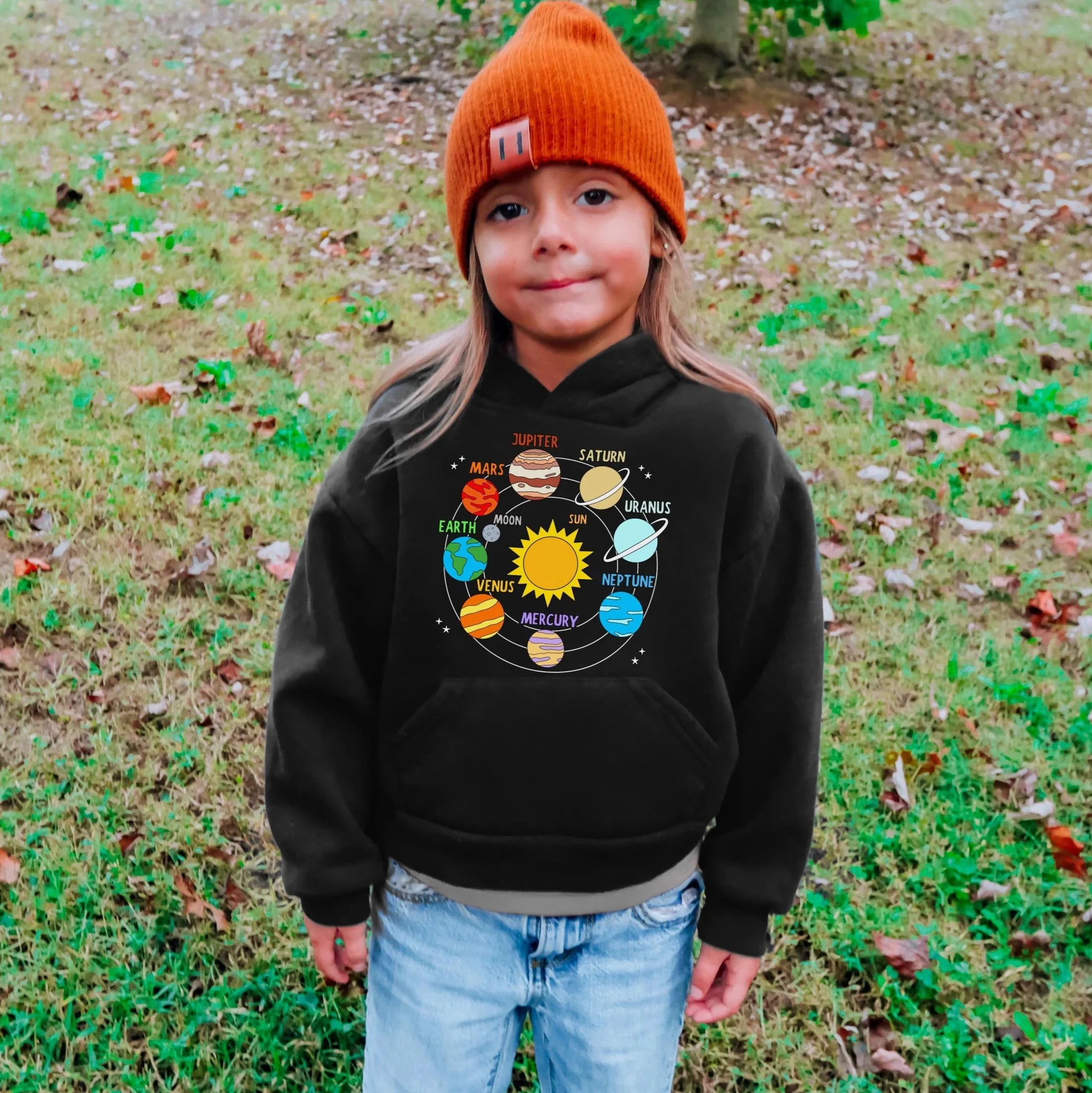 Black kids hoodie with colorful solar system design featuring planets and names in orange yellow blue red and green