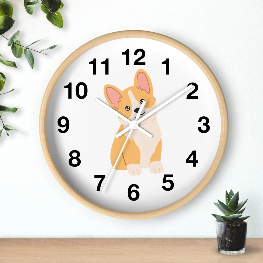 Kids corgi dog silent wood wall clock with light wood frame white face black numerals and orange cream corgi illustration