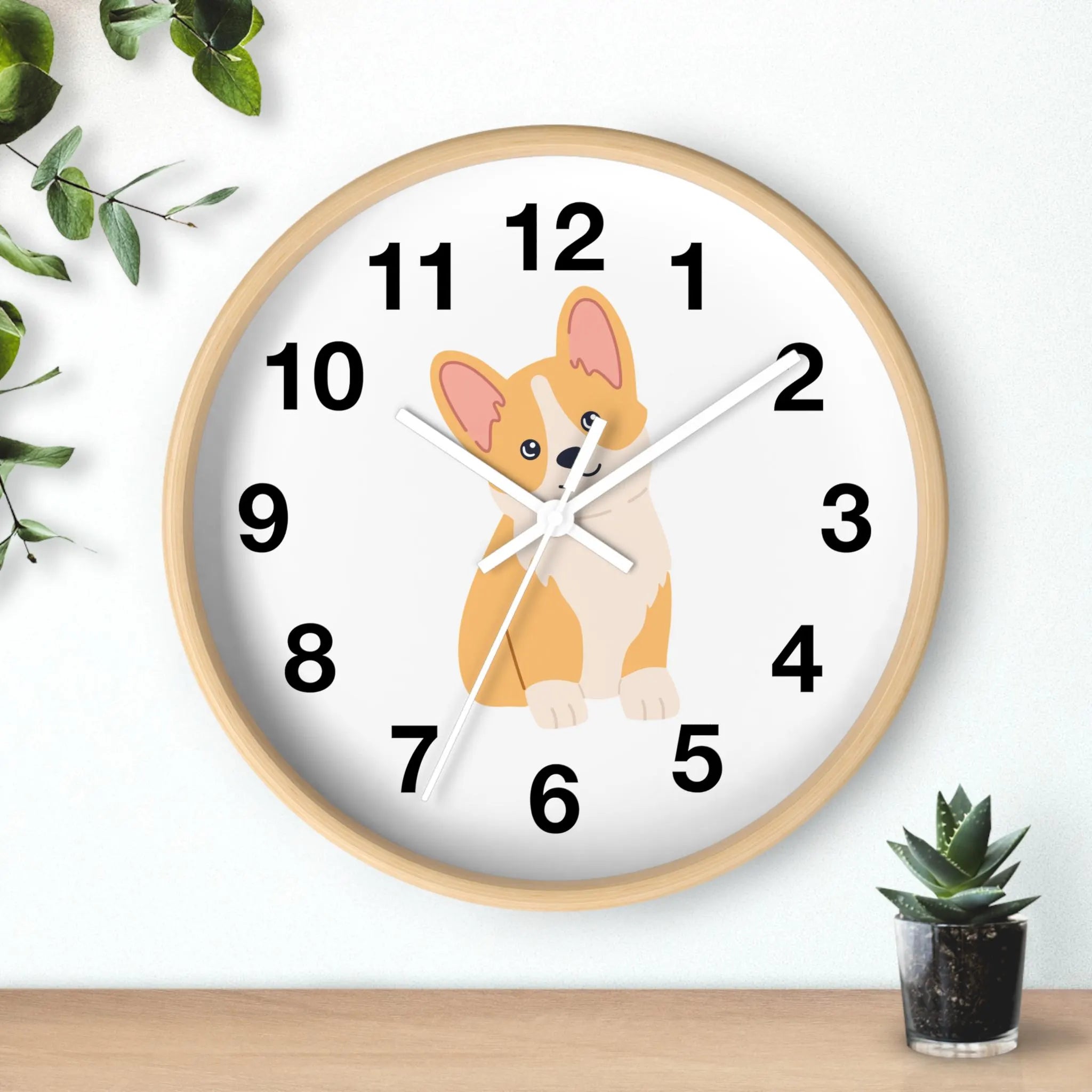 Kids corgi dog silent wood wall clock with light wood frame white face black numerals and orange cream corgi illustration