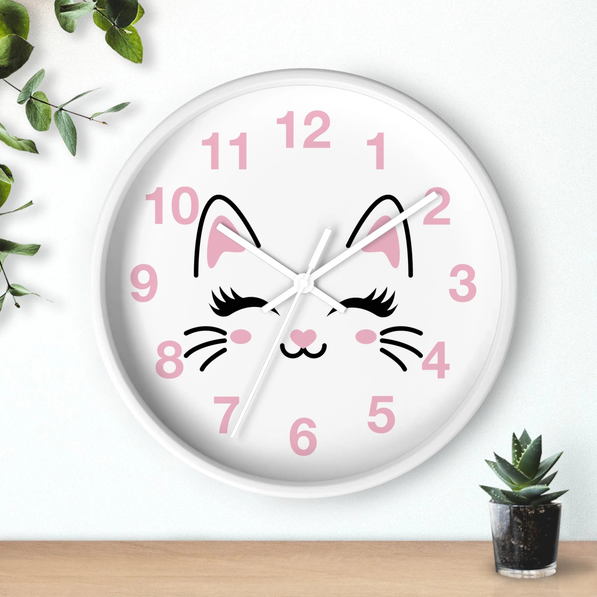Girls Cute Cat Silent Wood Wall Clock