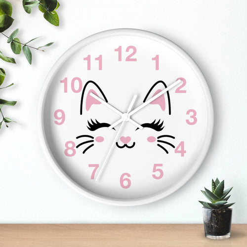 Girls cute cat silent wood wall clock white with pink numerals and cartoon cat face featuring pink ears lashes and nose