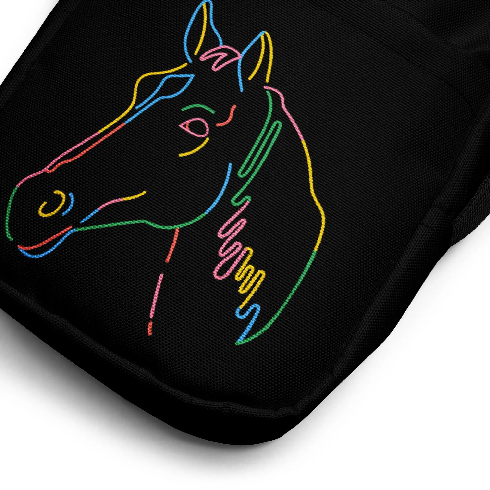 Black fabric pouch with a colorful neon embroidered horse head crossbody purse for girls