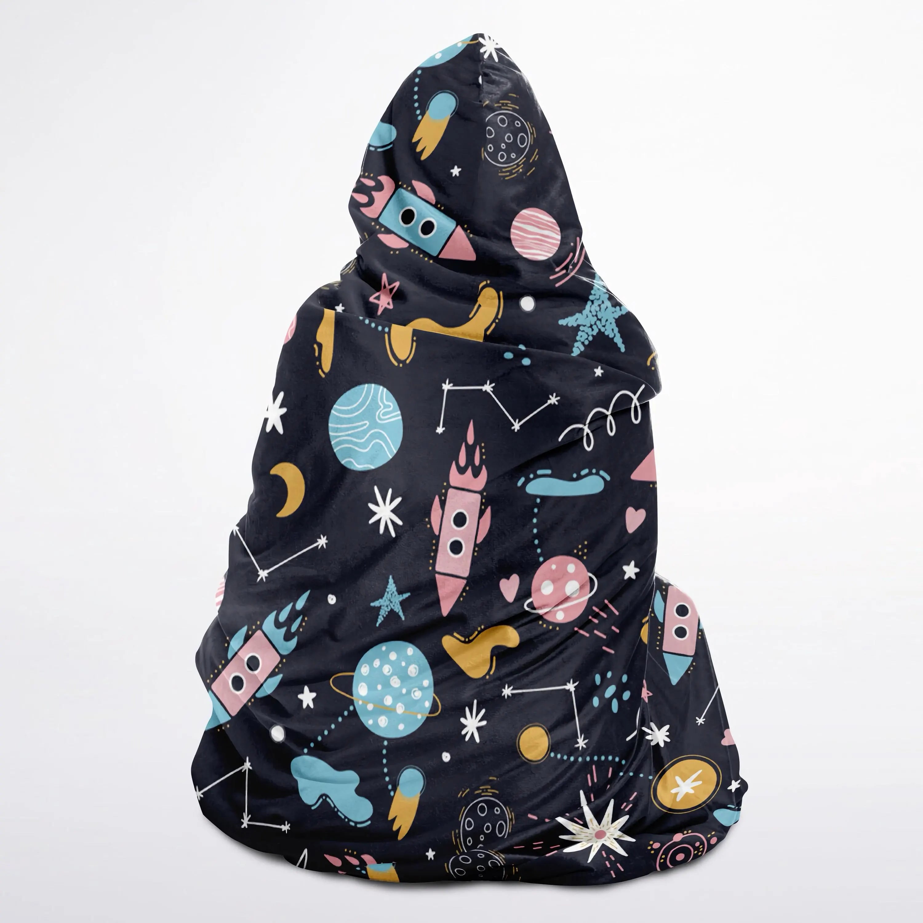 Kids outer space hooded wearable black blanket with colorful cartoon rockets planets stars and constellations design