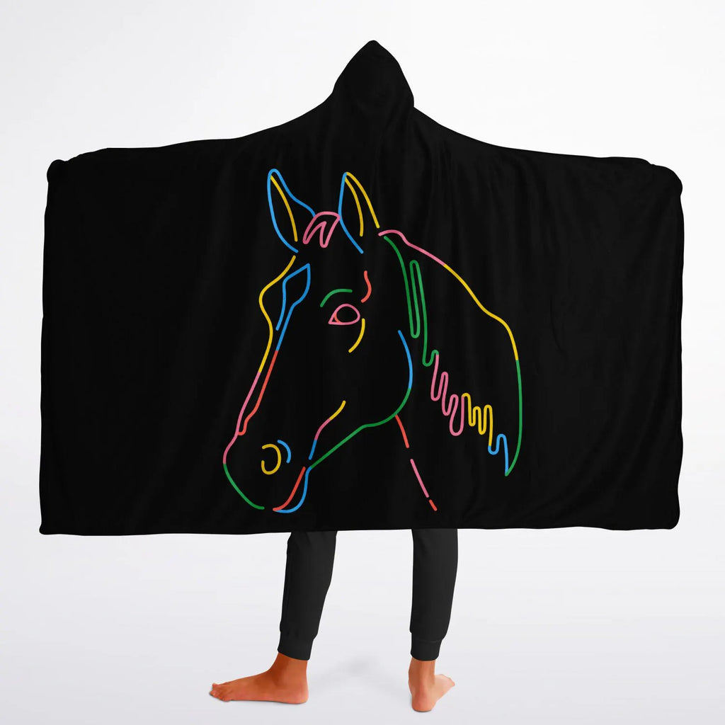 Black hooded wearable blanket for kids with vibrant neon multicolored horse head outline on soft fabric