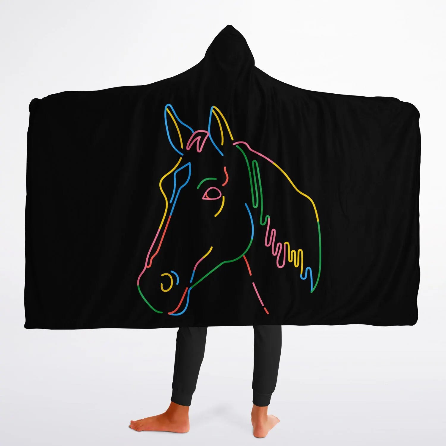 Black hooded wearable blanket for kids with vibrant neon multicolored horse head outline on soft fabric