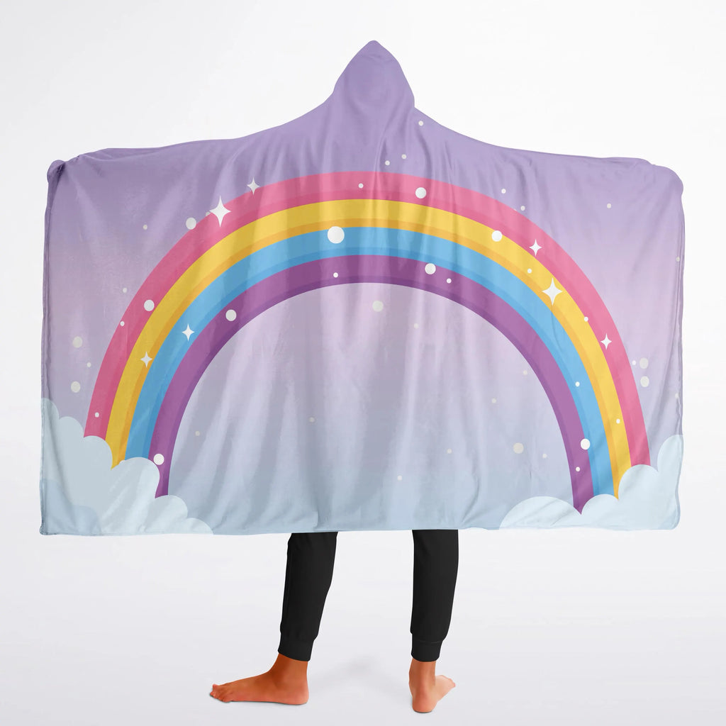 A soft lavender girls rainbow and clouds hooded wearable blanket with a vibrant rainbow and twinkling stars design