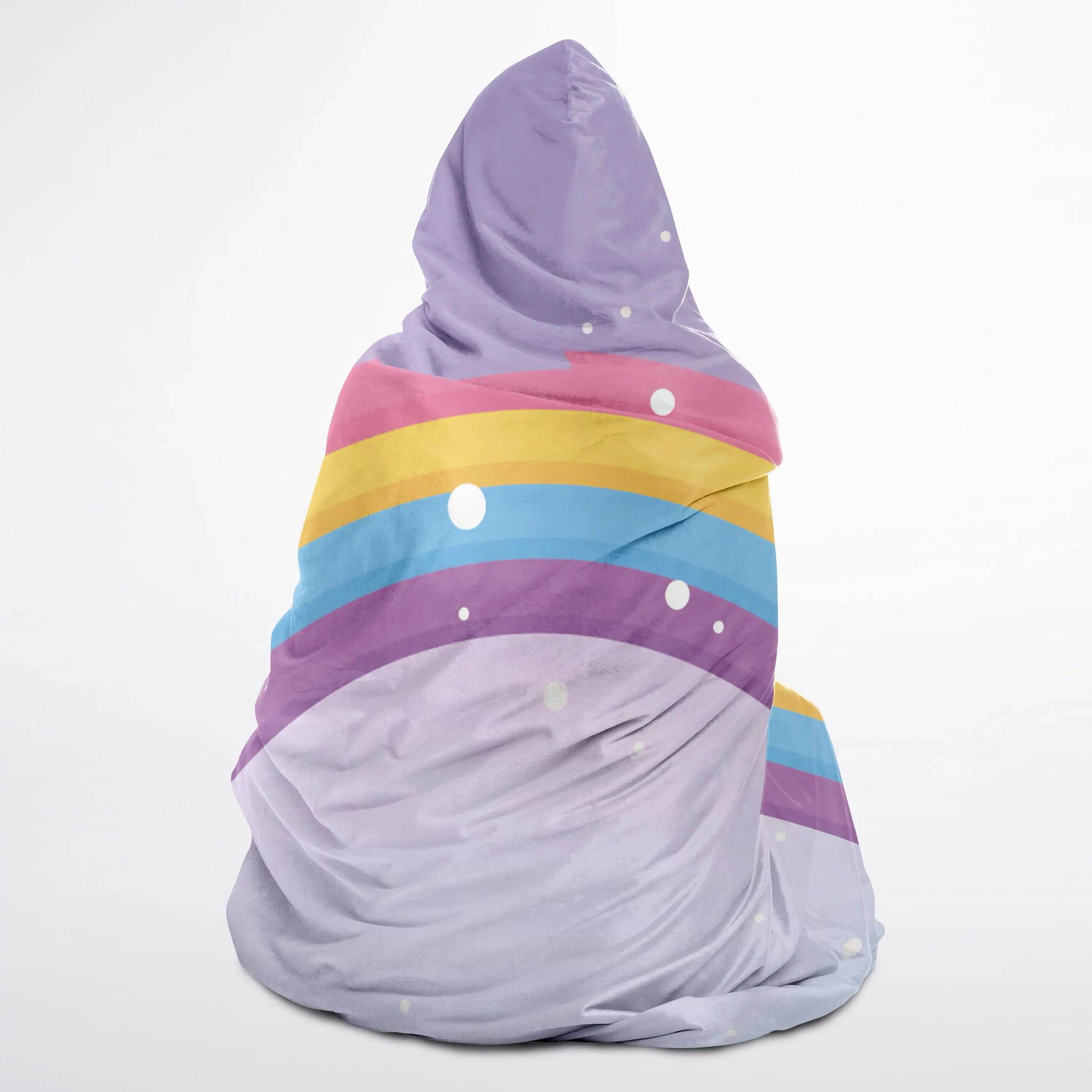 A soft lavender beanbag chair with rainbow-striped hood and white polka dots from girls rainbow and clouds wearable blanket