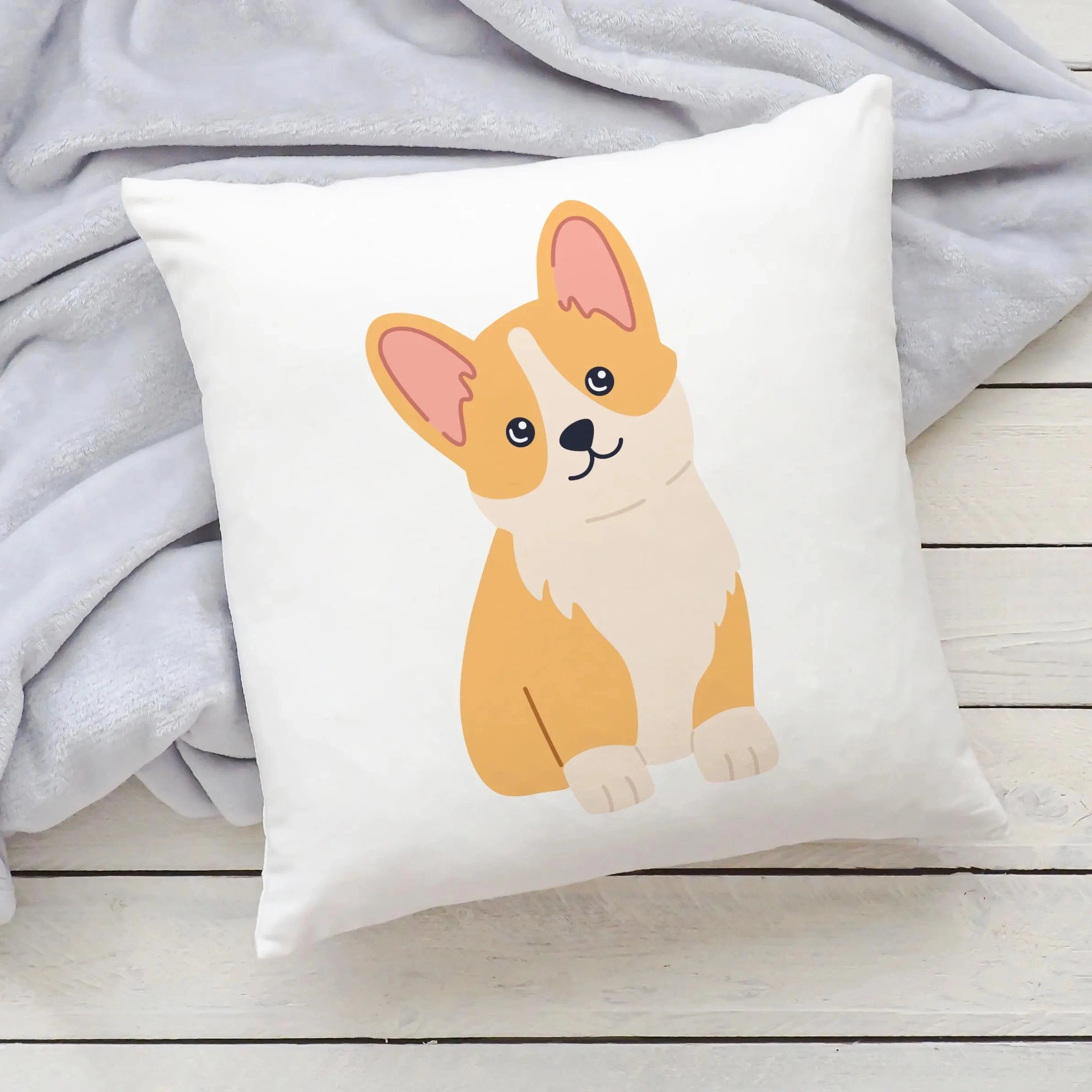 Kids corgi dog pillow featuring a white square design with a cute orange and cream cartoon corgi for dog lovers