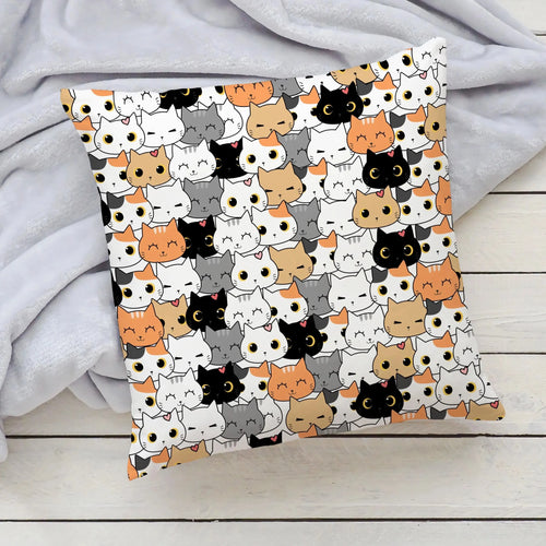 Girls cat face pillow white throw pillow with playful cartoon cats in black orange gray and white for cat lovers