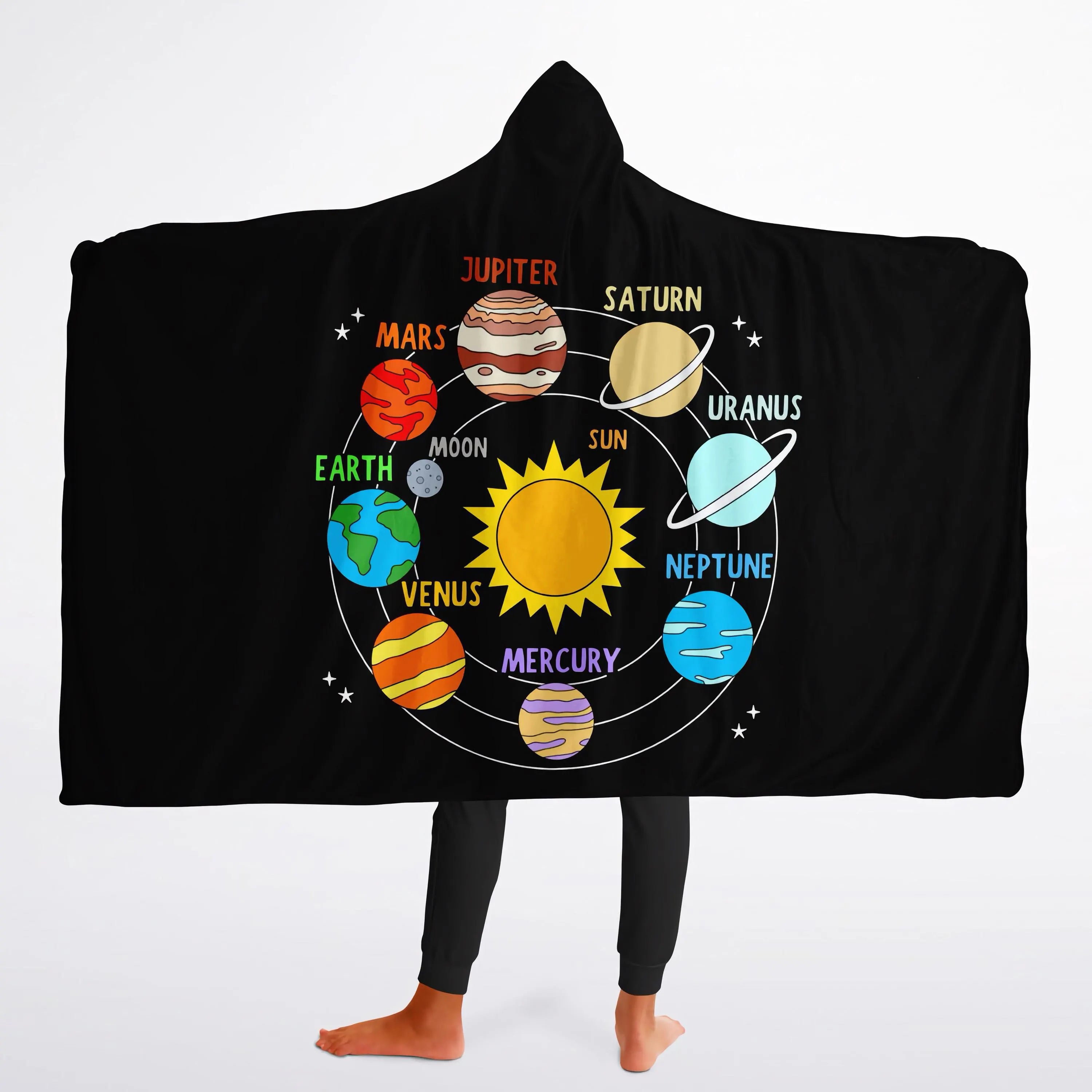 Black hooded blanket with colorful cartoon solar system illustration labeled planets and sun for kids educational use