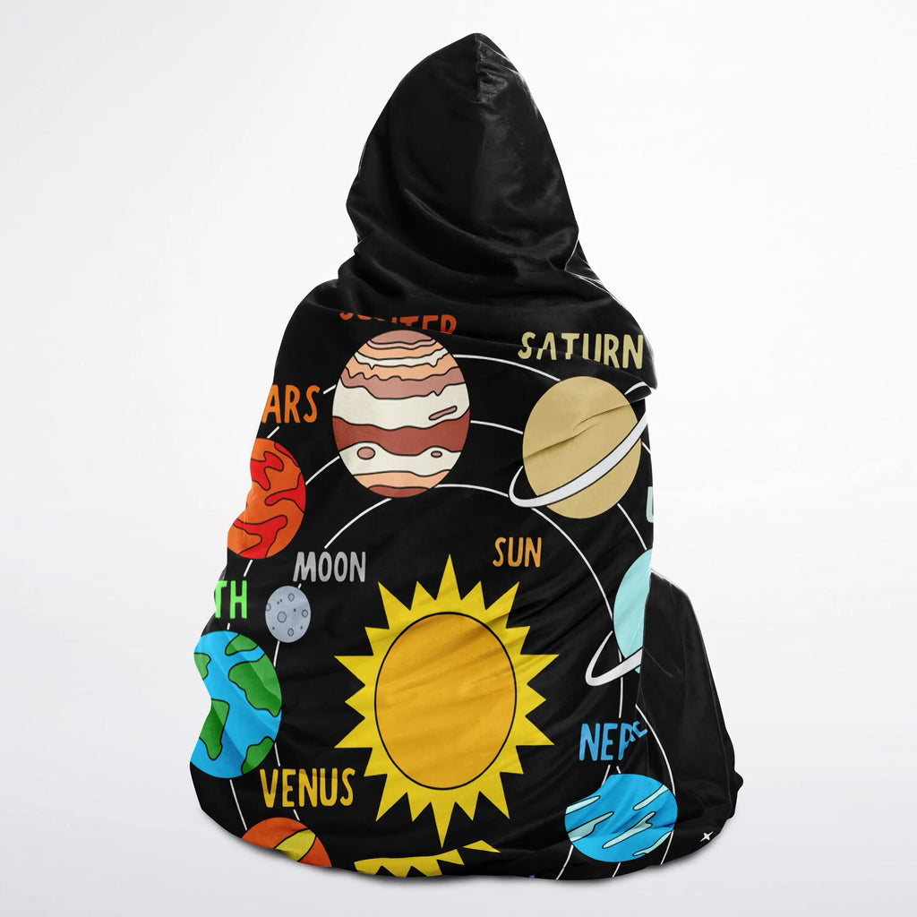 Black hooded blanket with colorful cartoon solar system design featuring labeled planets and the sun for kids