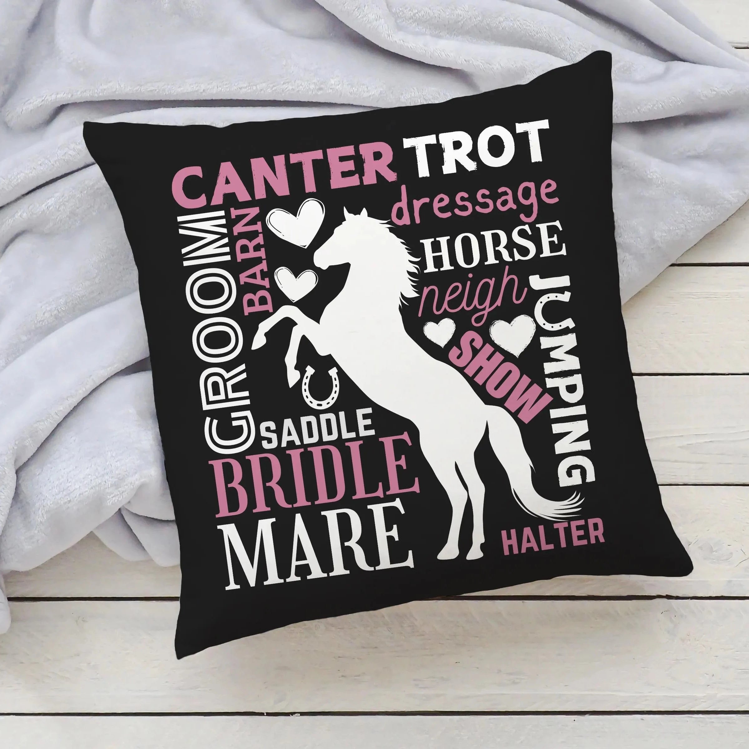 Black throw pillow with white horse silhouette and pink and white equestrian word art for girls bedroom decor