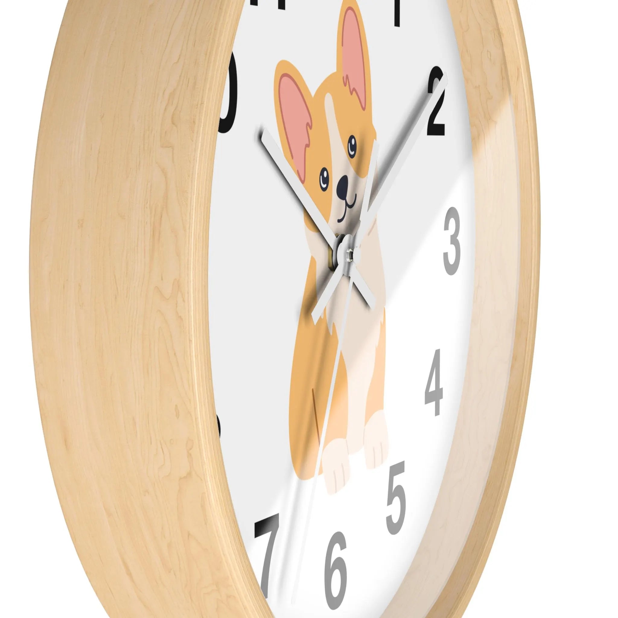 Kids corgi dog silent wood wall clock with light wood frame white face and cartoon tan and pink corgi design