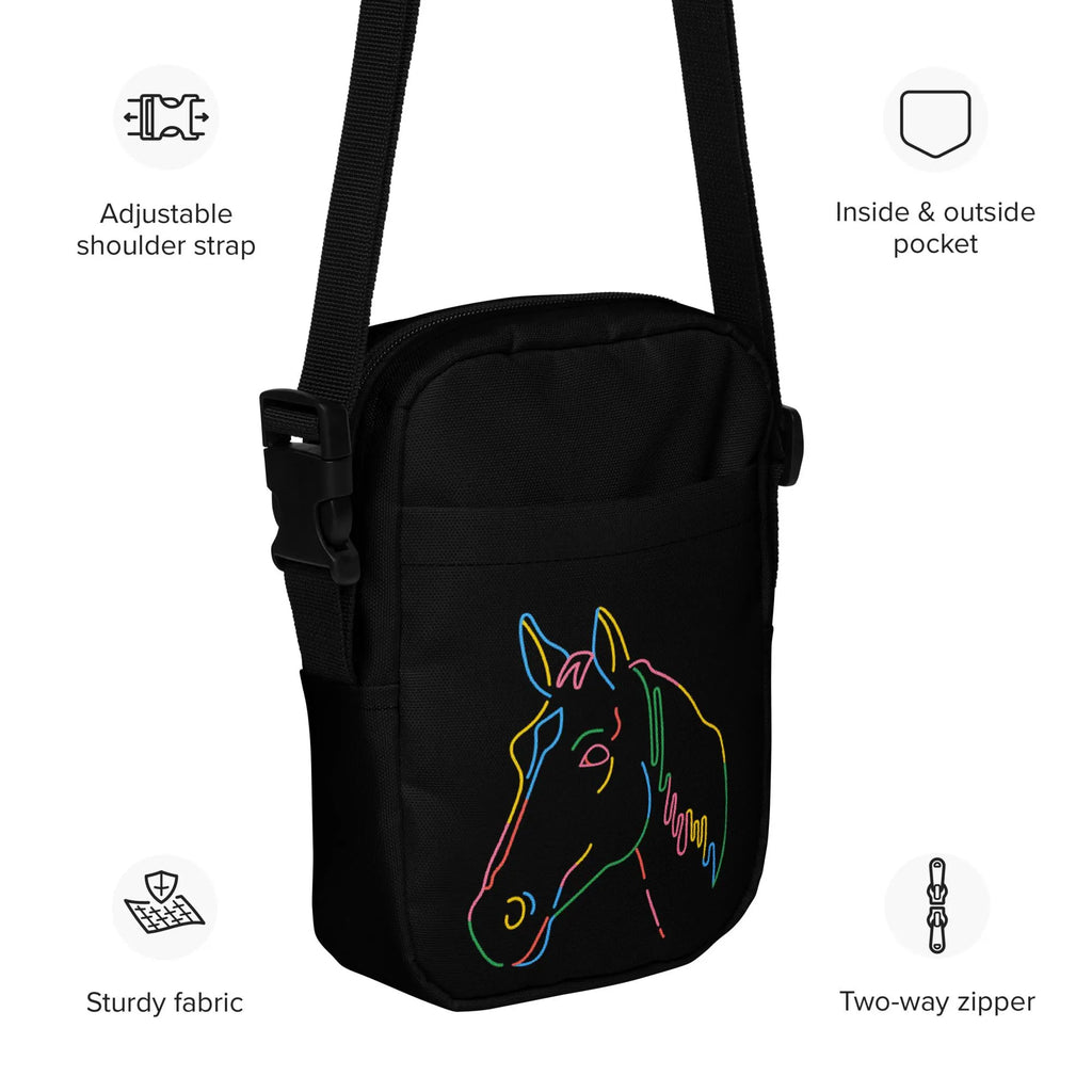 Black crossbody bag for girls with vibrant neon-colored horse head design and colorful outline on front