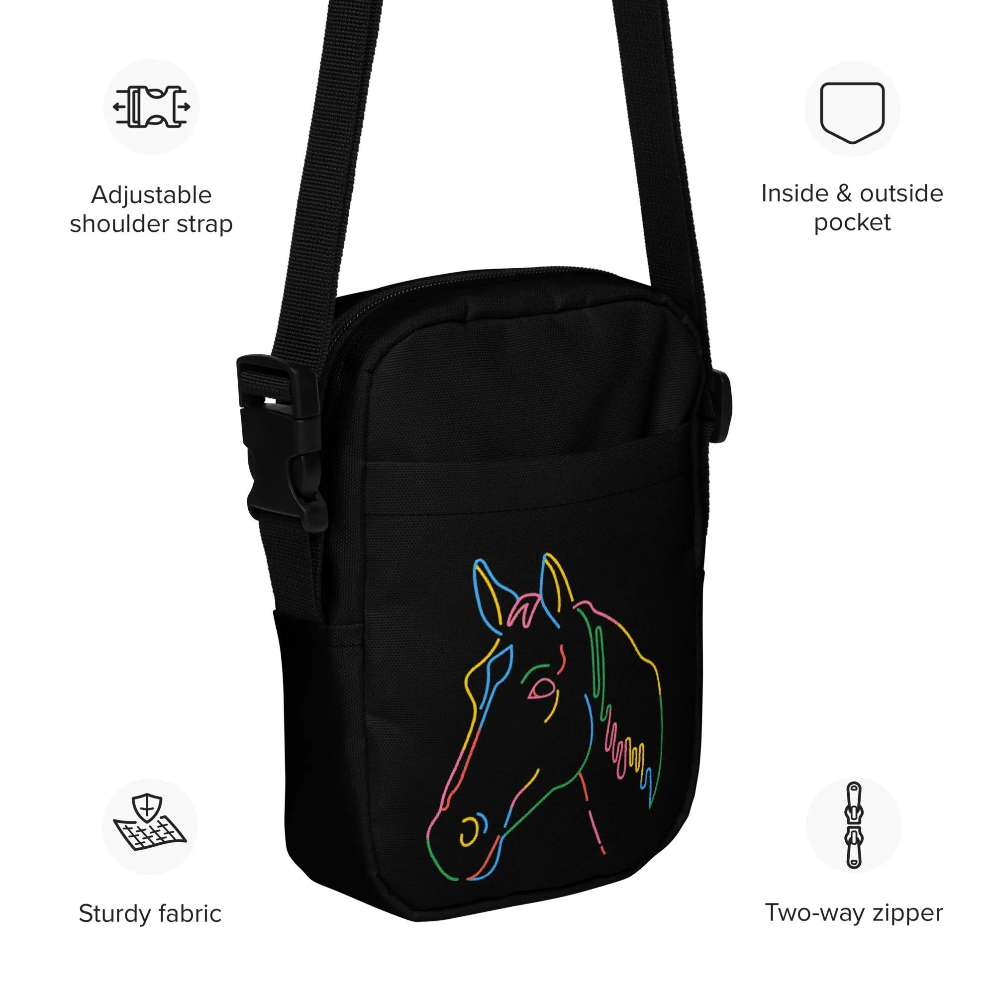 Black crossbody bag for girls with vibrant neon-colored horse head design and colorful outline on front