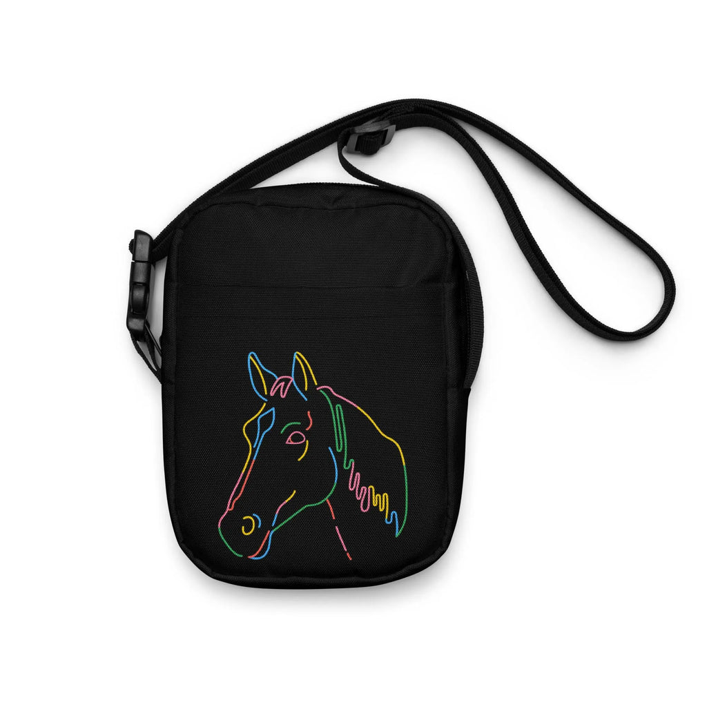 Black crossbody bag for girls with a vibrant neon horse head outline design perfect for colorful style