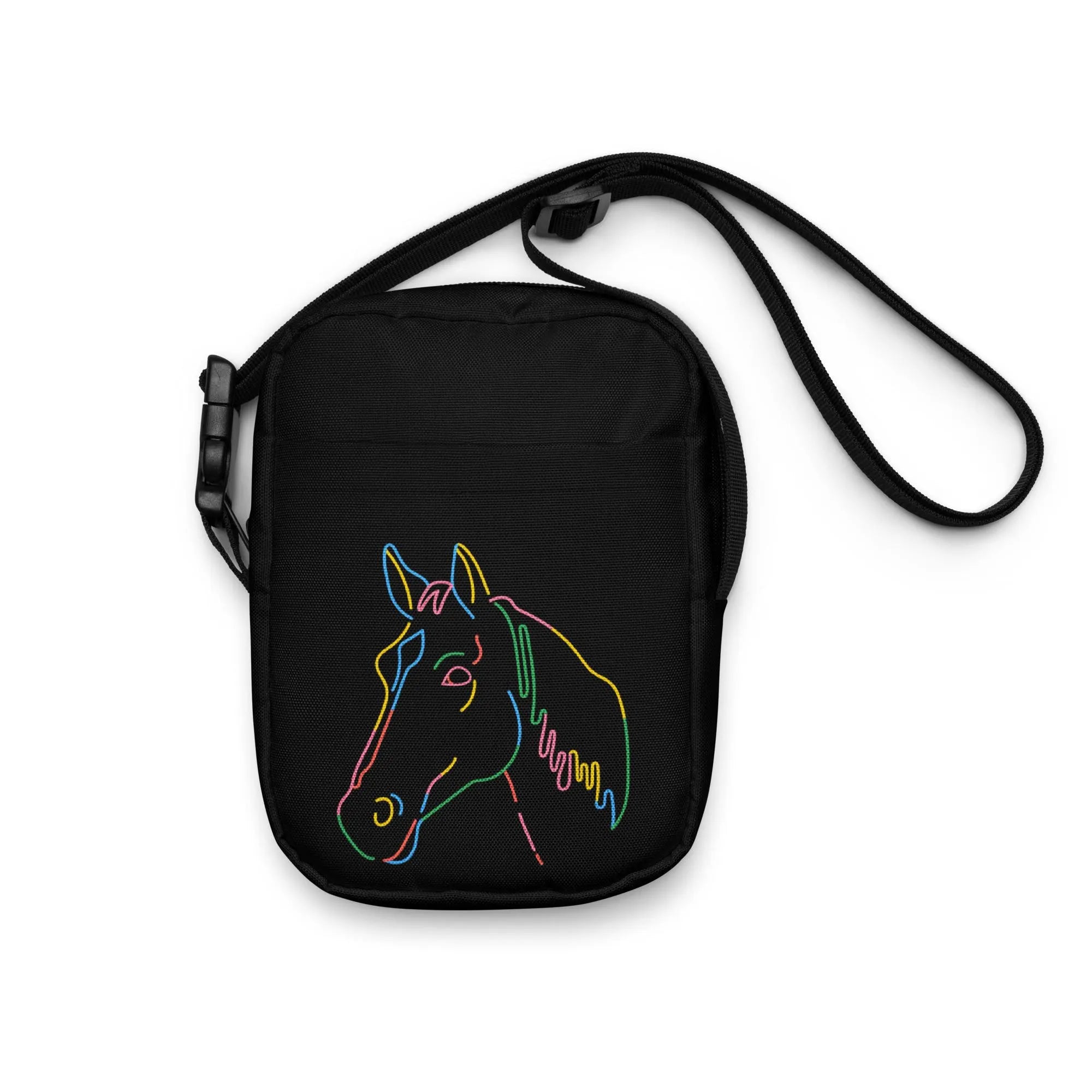 Black crossbody bag for girls with a vibrant neon horse head outline design perfect for colorful style
