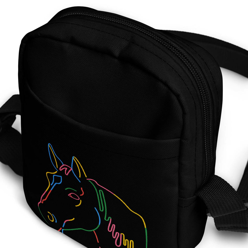 Black canvas crossbody bag with vibrant neon unicorn outline design for girls colorful horse outline purse