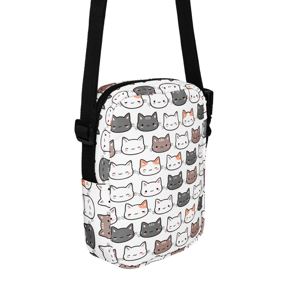 Girls cat crossbody purse white with playful multicolor cartoon cat pattern and black adjustable straps for kids