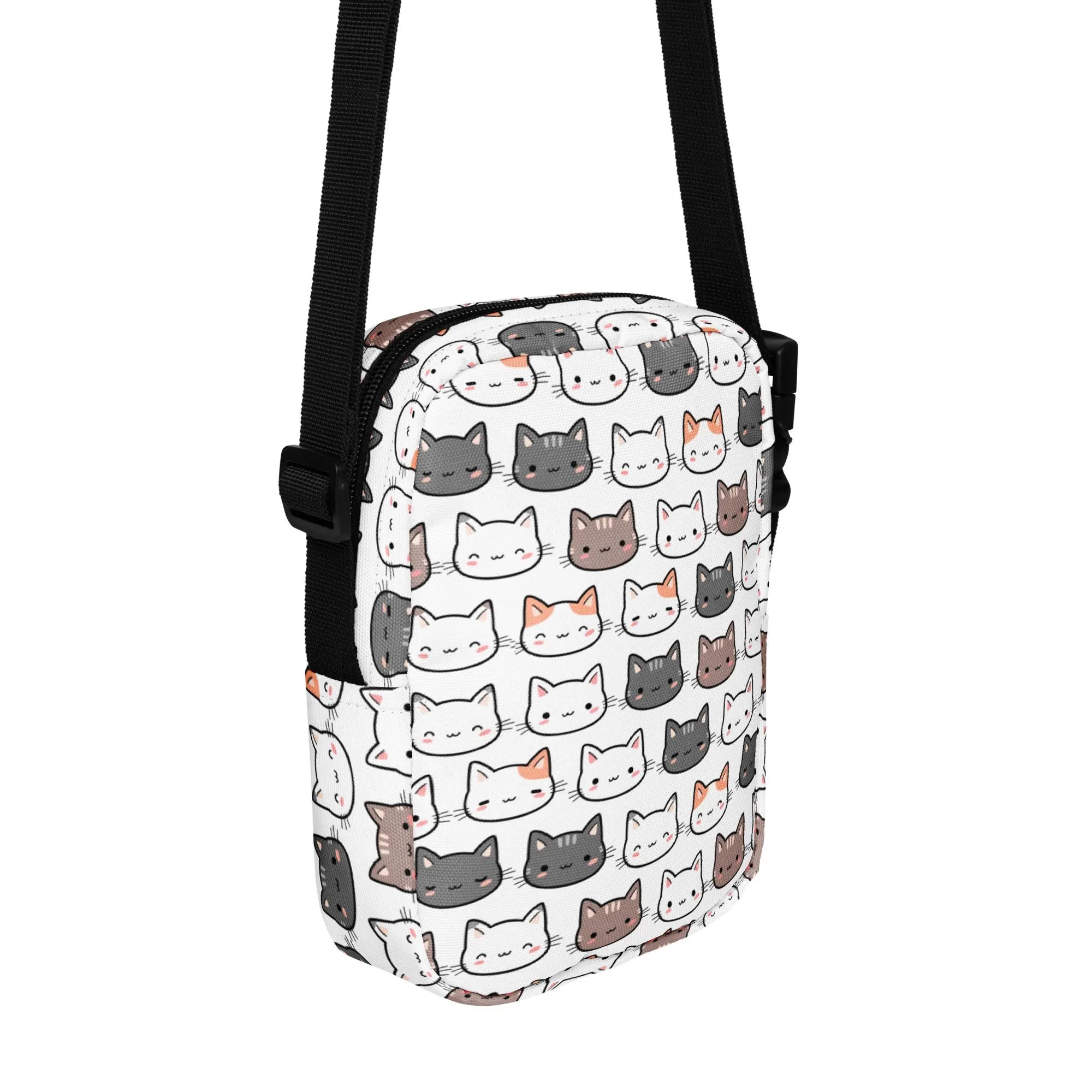 Girls cat crossbody purse white with playful multicolor cartoon cat pattern and black adjustable straps for kids