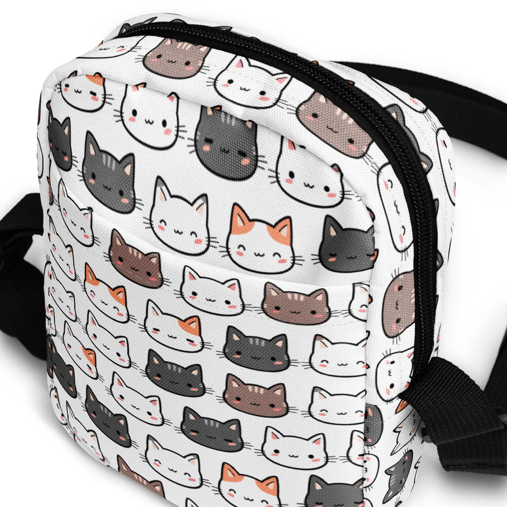 White girls cat crossbody purse with playful multicolor cartoon cats pattern black zipper trim and adjustable strap