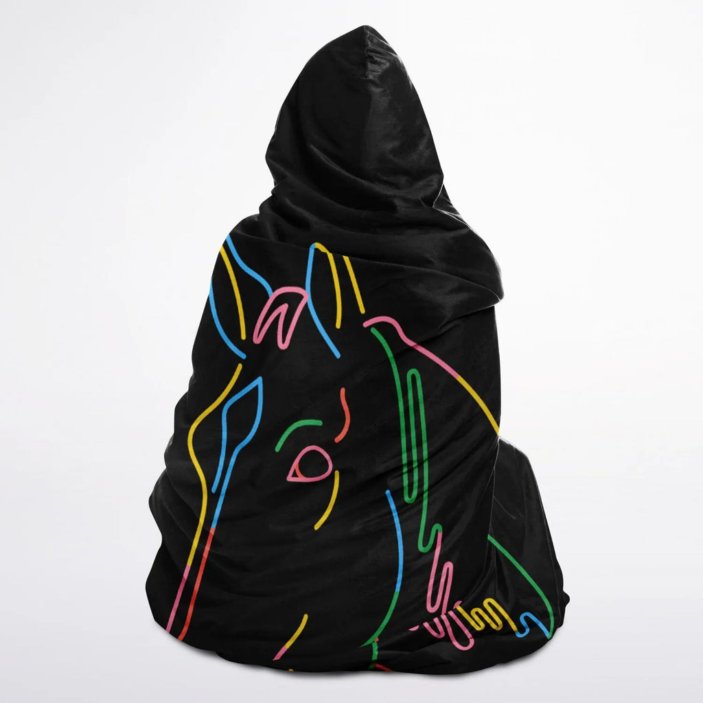 Black hooded poncho kids colorful horse outline wearable blanket with vibrant neon multicolored horse design