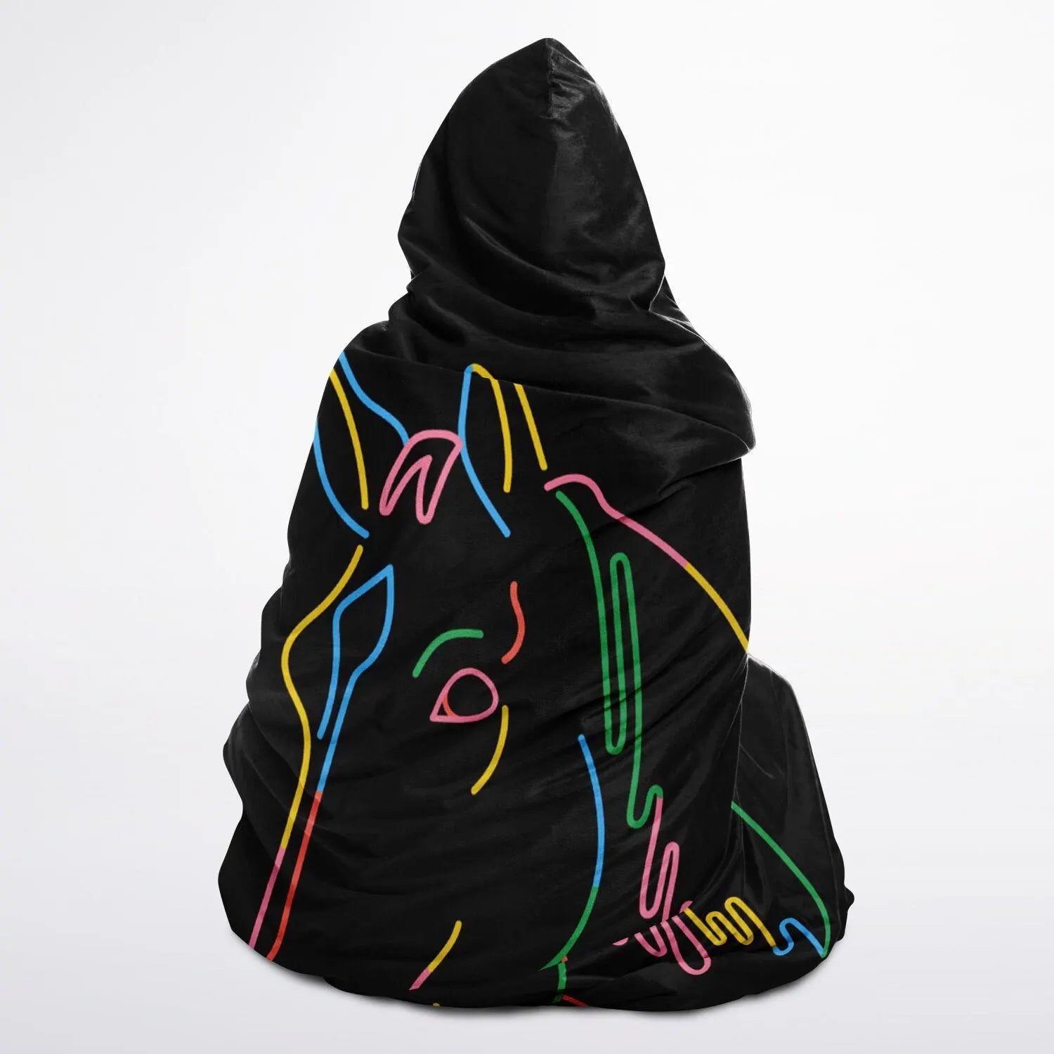 Black hooded poncho kids colorful horse outline wearable blanket with vibrant neon multicolored horse design
