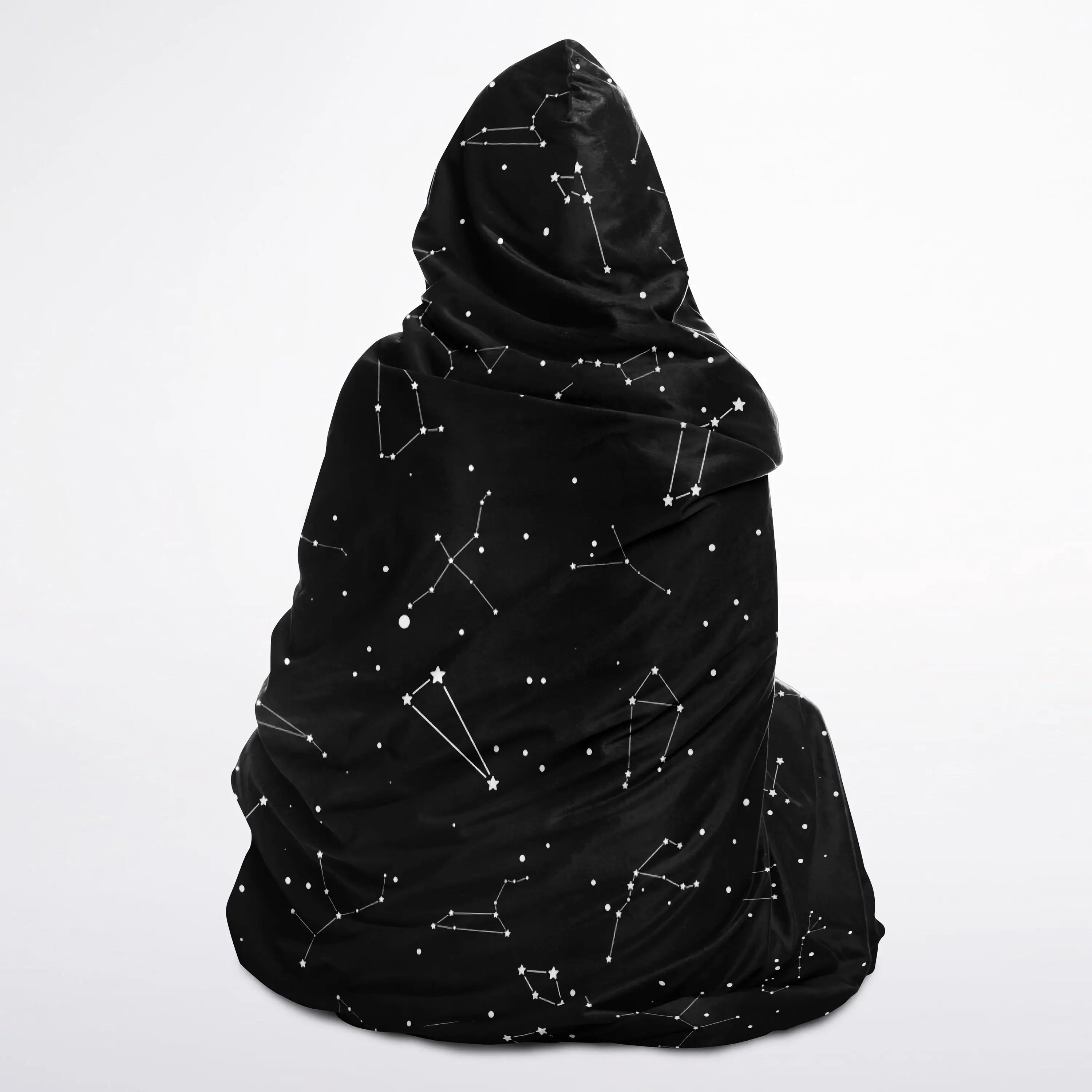 Black star map hooded wearable blanket for kids with white constellation patterns on a soft fabric
