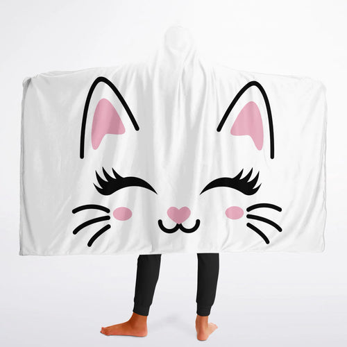 Girls cute cat hooded wearable blanket in white with a cartoon cat face featuring pink ears and rosy cheeks